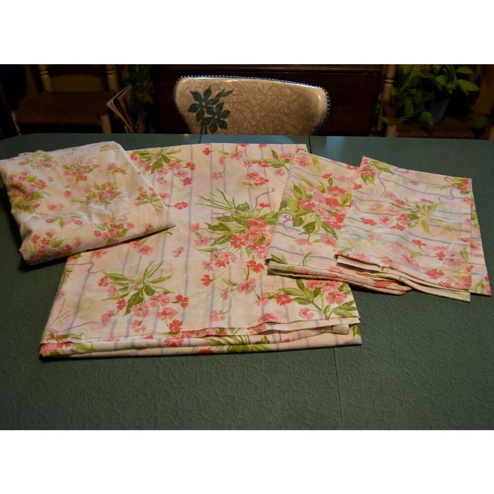 Vintage 60s 70s Full Sheet Set Pink Floral No Iron Percale Cottagecore
